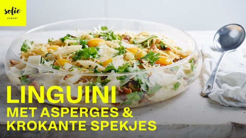 Linguini met asperges en krokante spekjes
