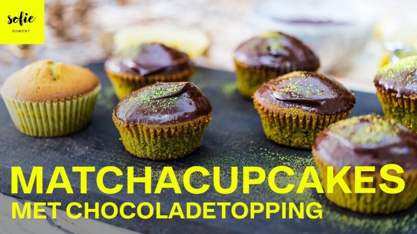 Matchacupcakes met chocoladetopping
