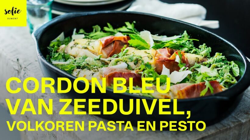 Ovenschotel met cordon bleu van zeeduivel, volkoren pasta en pesto