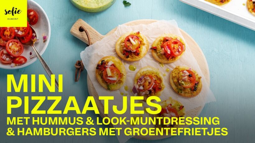 Minipizzaatjes met hummus en look-muntdressing